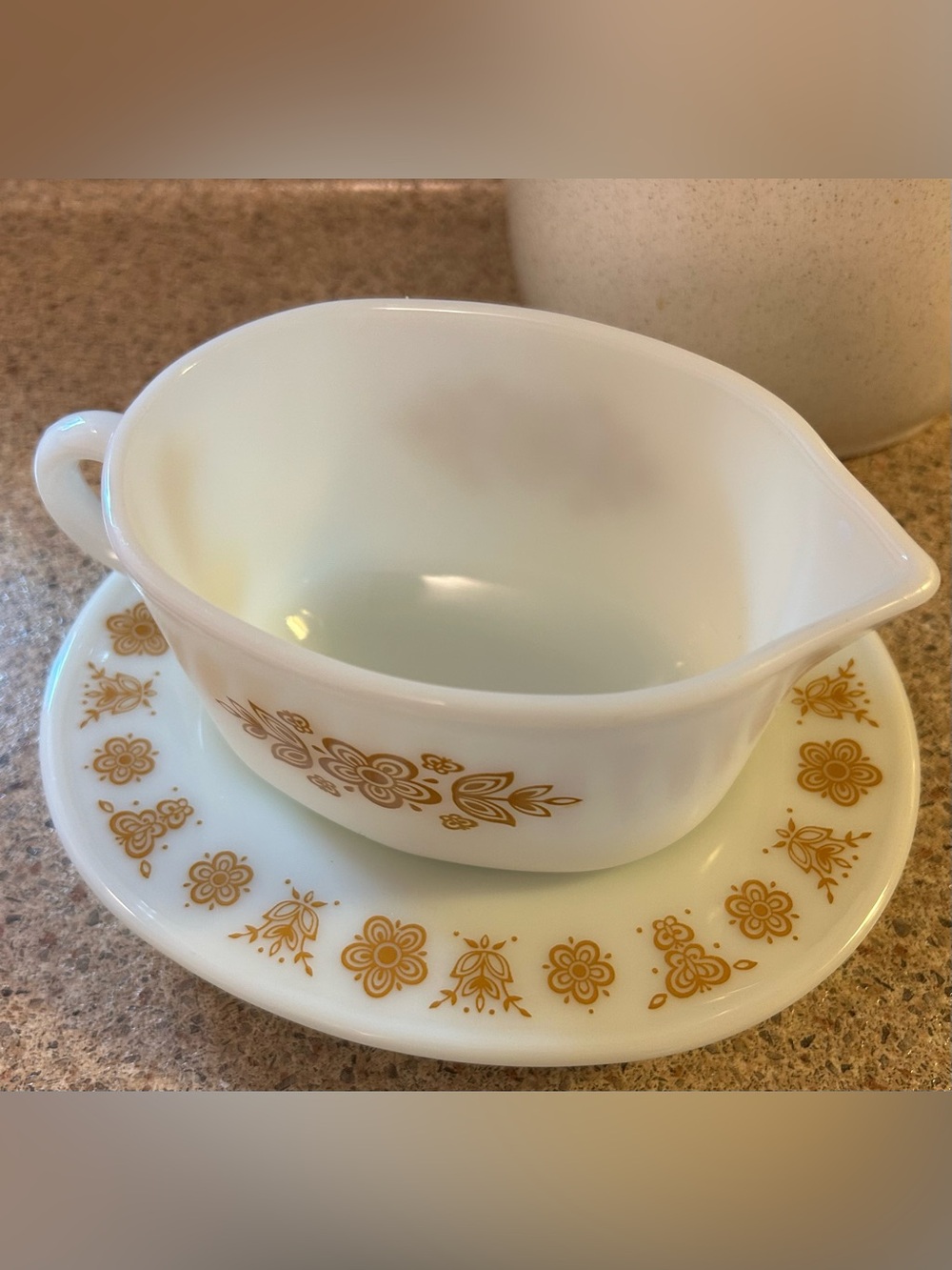 Vintage Pyrex Gravy Boat Gold Floral Milk Glass